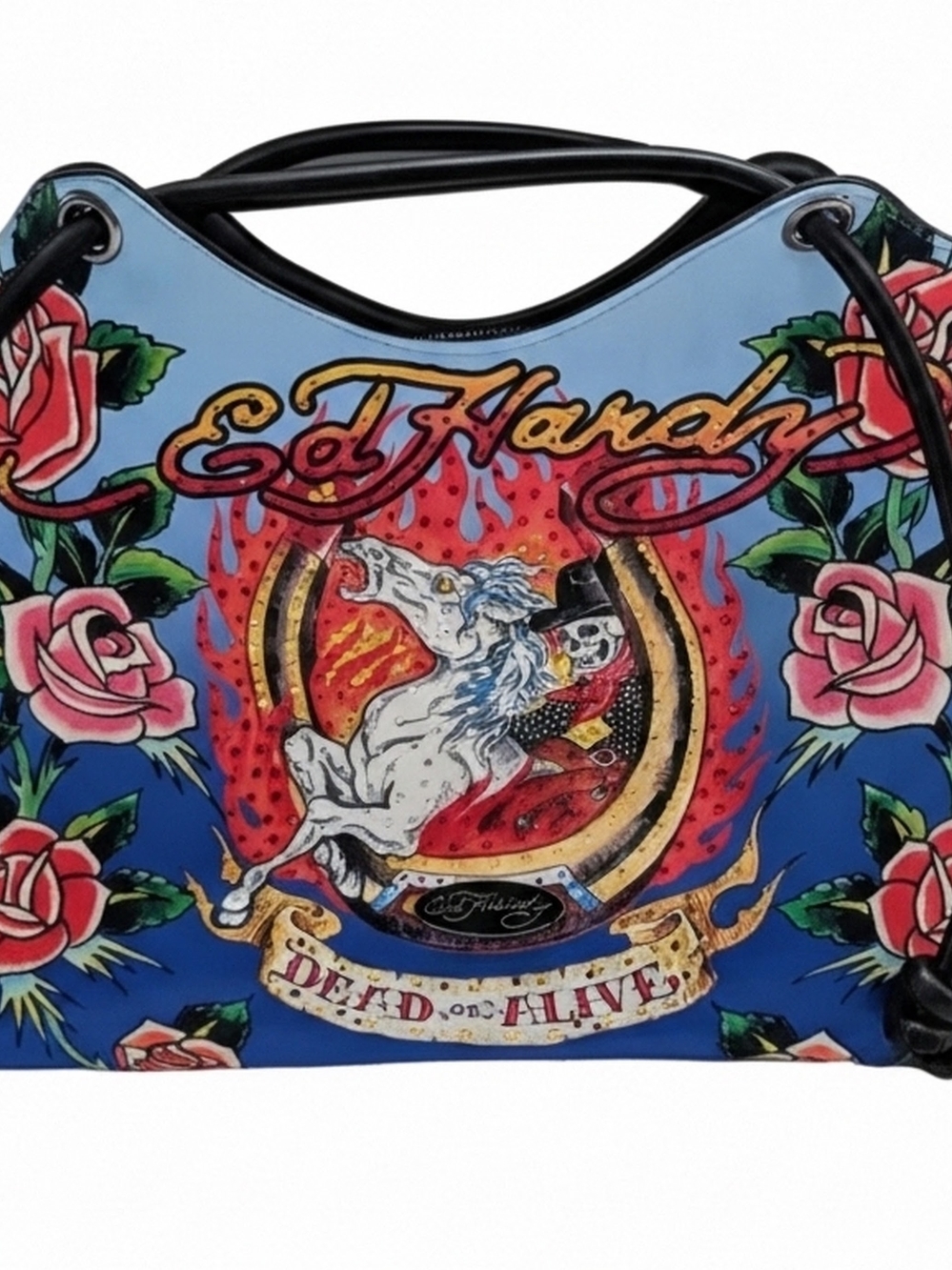 Ed Hardy Blue Floral Horse Graphic Tote